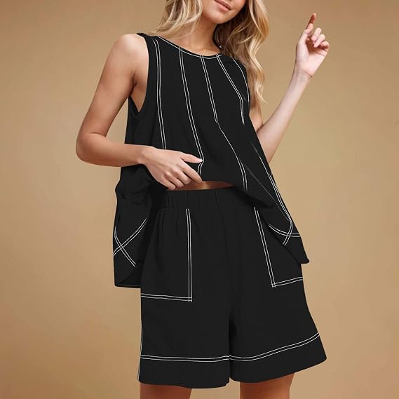Set 2 Pezzi Donna Canotta E Pantaloncini Lino - Tuta Estate Vita Alta Con Tasche