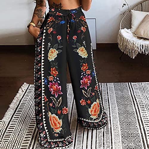 Women Flowers Printing Trousers High Waist Drawstring Wide Leg Trousers Vintage Bohemia Beach Pants with Pockets4