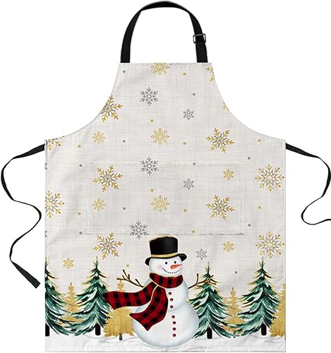 Gold Snowflake Bib Aprons for Women With Pockets, Waterproof Canvas Chef Kitchen Cooking Apron for PaintingHair StylistNail TechnicianKids Arts And