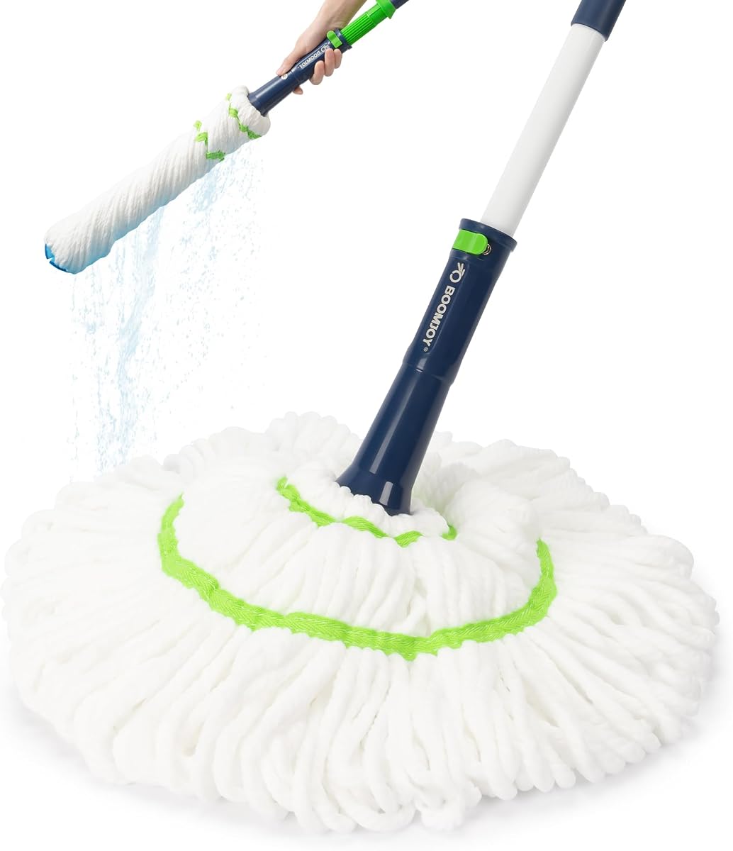 BOOMJOY Twist Mop with Self-Wringing System for Floor Cleaning, Scouring Pad for Stubborn Stains, 53" Long Handle – Ideal for Kitchen, Bathroom & Home Use – Perfect for Pet Owners