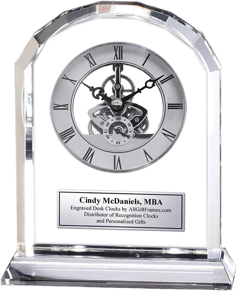 AllGiftFrames Diamond Cut Arch Clear Crystal Engraved Clock Desk Year of Service Award Executive Employee Retirement Etched Silver Engraving Anniversary Wedding Gift Birthday Glass