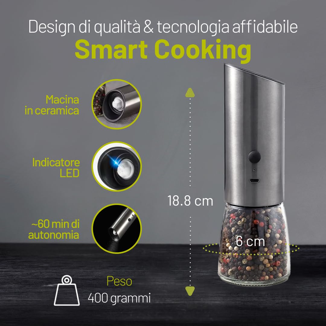 GRAVITY Macina Pepe Elettrico ad una mano e luce integrata – 1 unità con Batterie Ricaricabili, Macinatura Regolabile per Spezie varie, macina Sale o Pepe – Robusto e Compatto