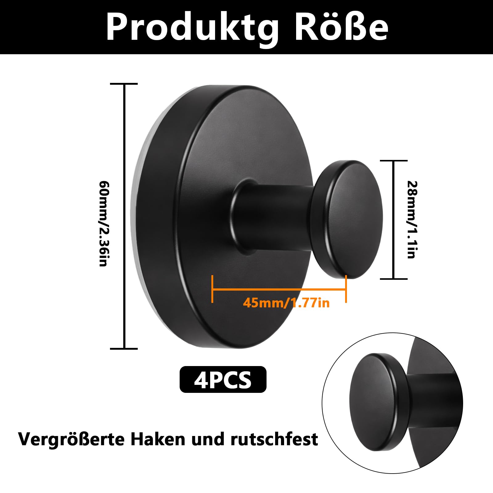 4 Pz Ganci a Ventosa Super Resistenti, Appendiabiti a Ventosa in Acciaio Inox Nero, Ventose con Gancio senza foratura, Appendi Accappatoio Bagno Cucina, Asciugamani, Cappotti