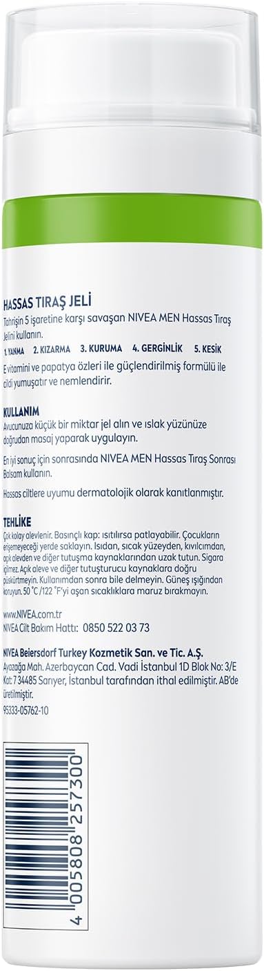 NIVEA MEN Erkek Hassas Tıraş Jeli 200 ml,Tahrişe ve Yanmaya Karşı Koruma,Alkolsüz Formül,Hassas Ciltlere Özel
