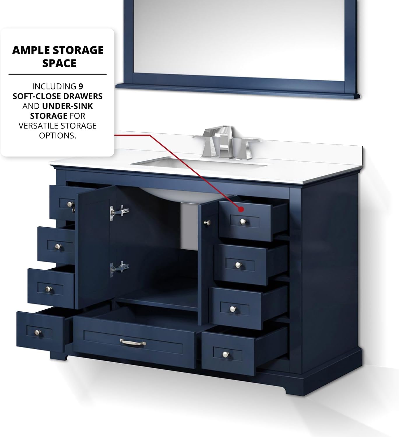 Dukes 48 in. W x 22 in. D Navy Blue Single Bath Vanity, Cultured Marble Top, Faucet Set and 46 in. Mirror
