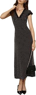 Milumia Women's Polka Dot Cap Sleeve Maxi Dress - Elegant Lace Trim V-Neck A-Line for Dates & Vacations