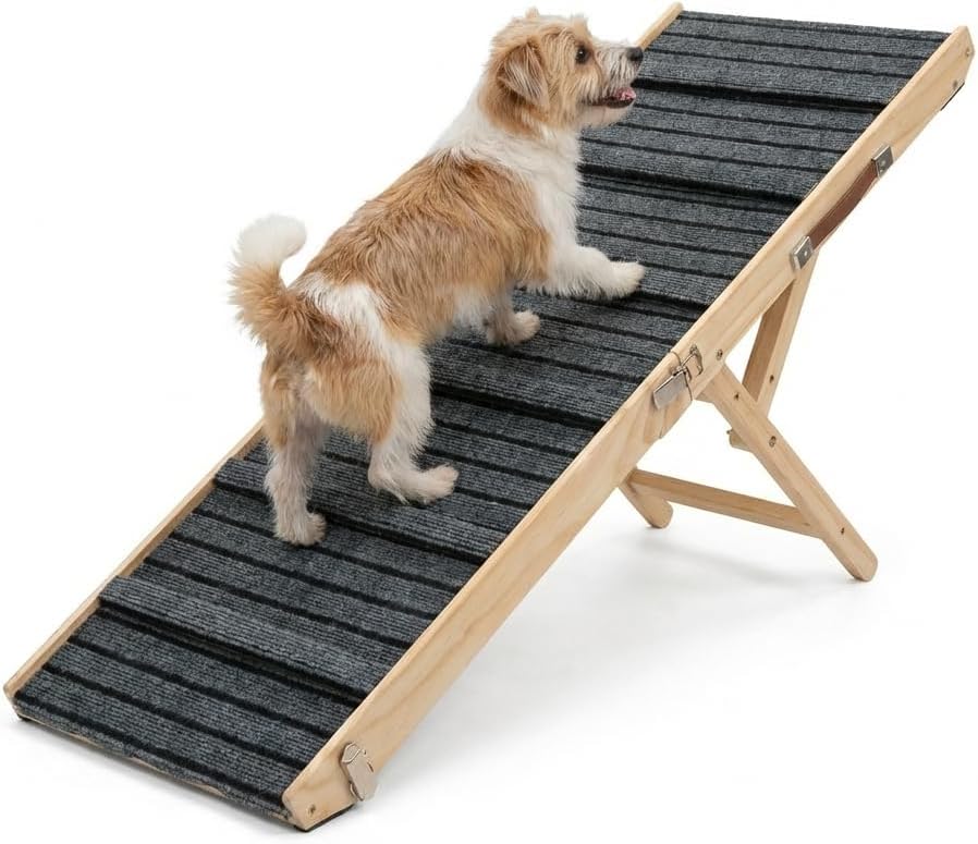 Dog Ramp for Bed, Couch & Car – Foldable Wooden Pet Ramp with 4 Adjustable Heights, Anti-Slip Surface & Safety Support for Small Large Dogs, Senior Pets with Joint Pain – Portable Pet Steps (S)