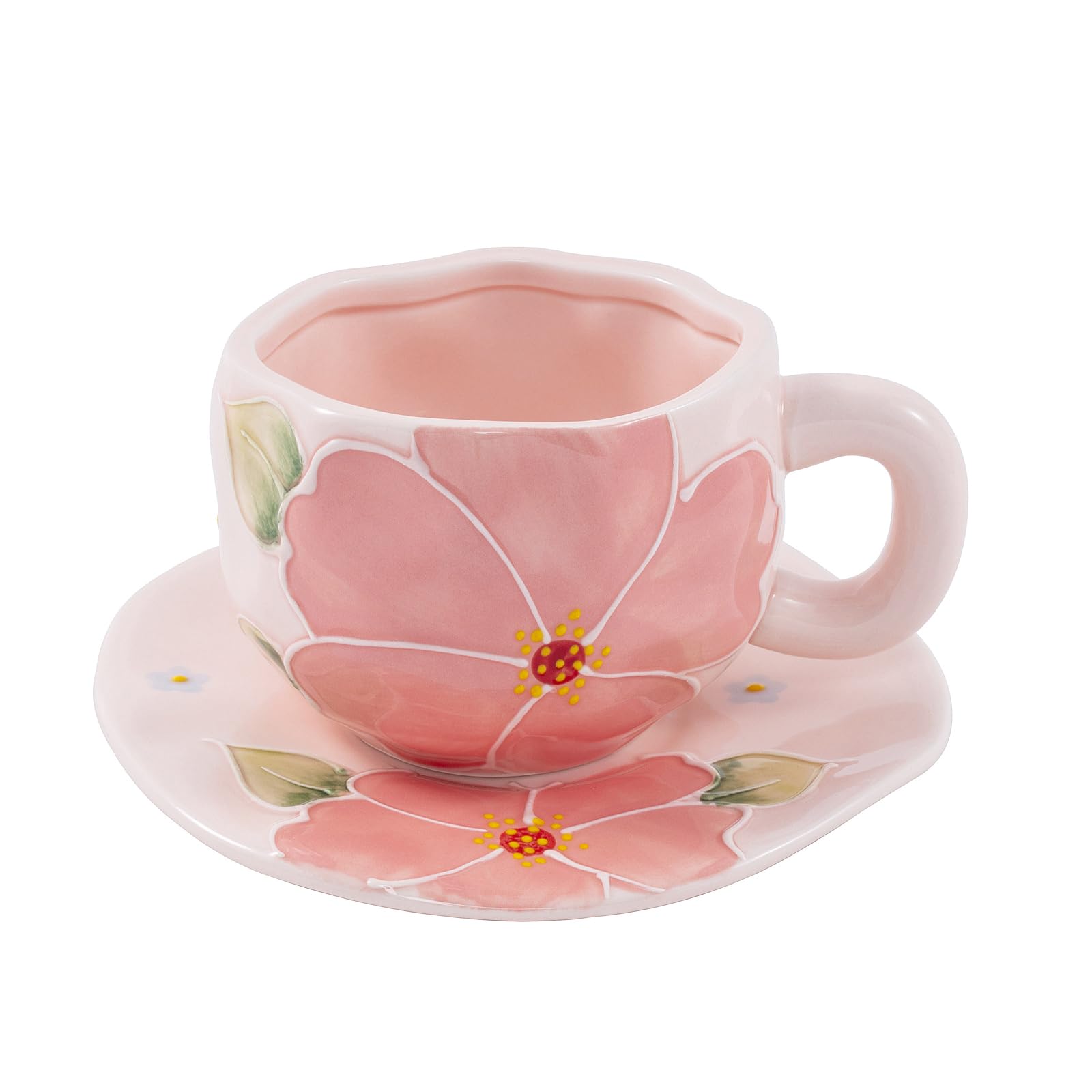 Yebaohond 320ml Ceramic Coffee Cups and Saucer Sets, Irregular Tea Cups, Floral and Pastoral Style (Pink Cherry Blossoms)