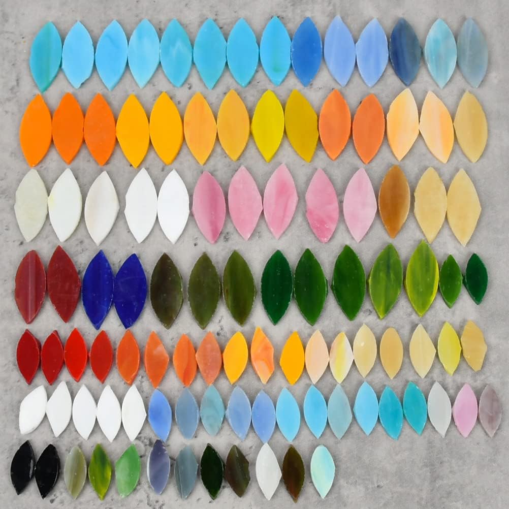 BUYGOO 100Pcs Mosaic Tiles, Mixed Color Mosaic Glass Pieces with Organizing Container, Hand-Cut Stained Glass Flower Leaves Tiles for Home Decoration Crafts Supply - Assorted Size&Colors