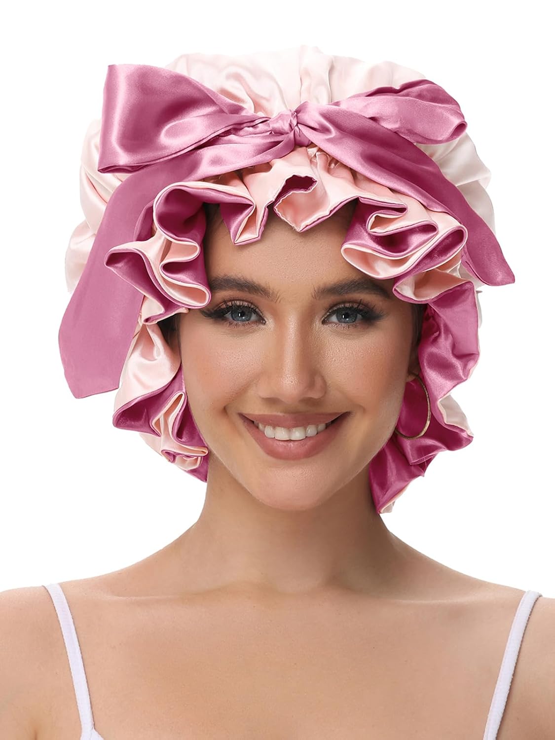 Bonnet for Sleeping, Satin Silk Hair Shower Cap Women 2025 Tie Band Adjustable Straps Head Wrap for Curly Hair Pink F - Image 2