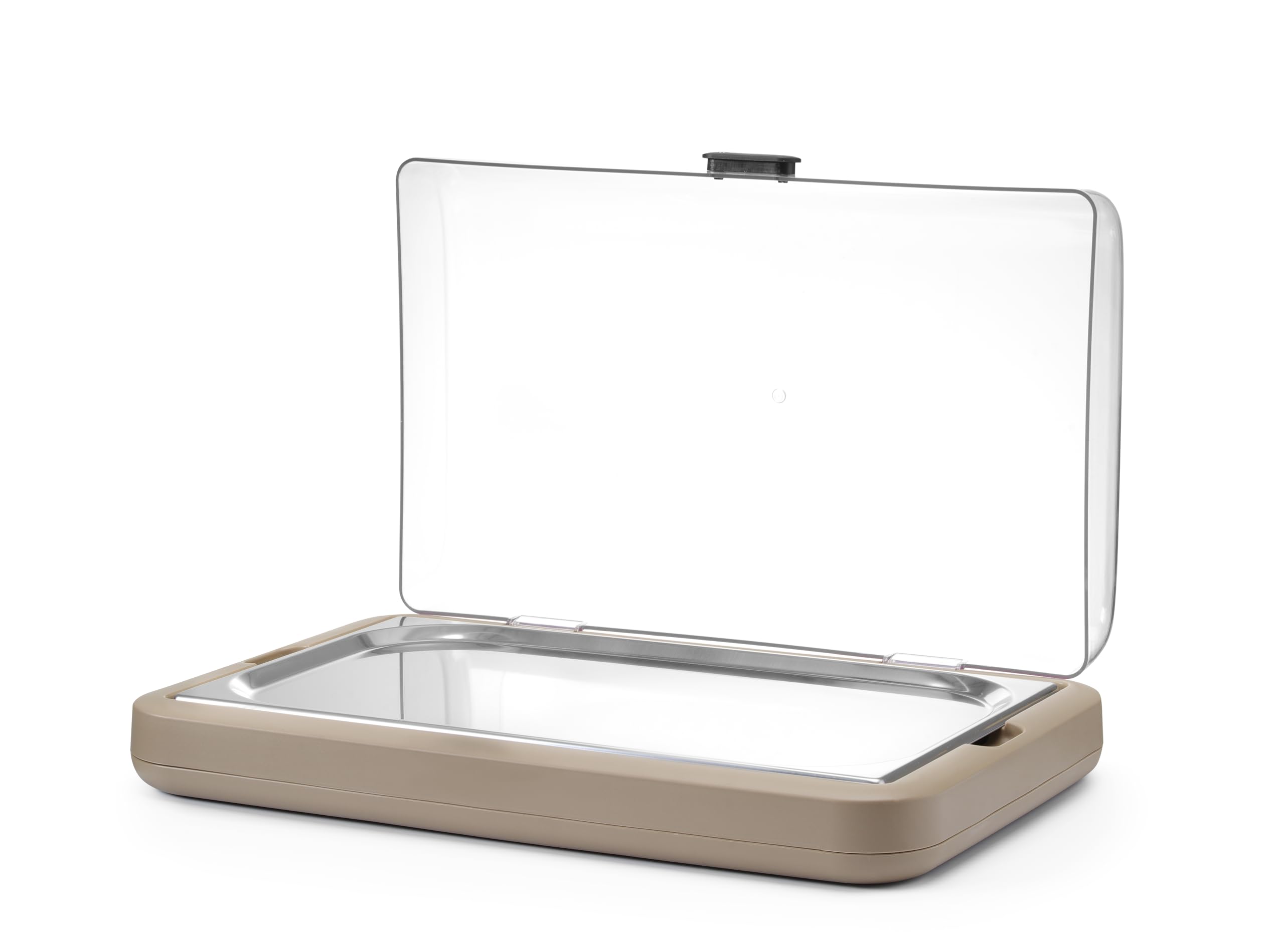 HENDI Expositor refrigerado UNIQ con cubierta transparente abatible de ABS, conjunto exhibidor con bandeja de acero inoxidable GN 1/1, bloque refrigerante, 593x389x(H)147mm, polipropileno, beis