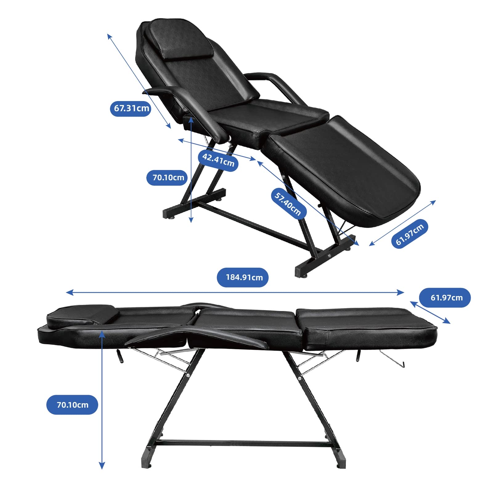 Professionelle Klappbare Massageliege Tattooliege Kosmetikstuhl mit Rollhocker Drehhocker (Schwarz)