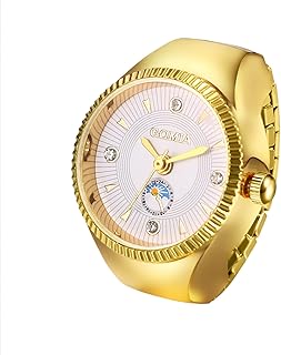 Unisex Finger Ring Watch: Men Women Gold Elastic Stretchable Band Roman Numerals Round Dial Stainless Steel Quartz Ring Watches