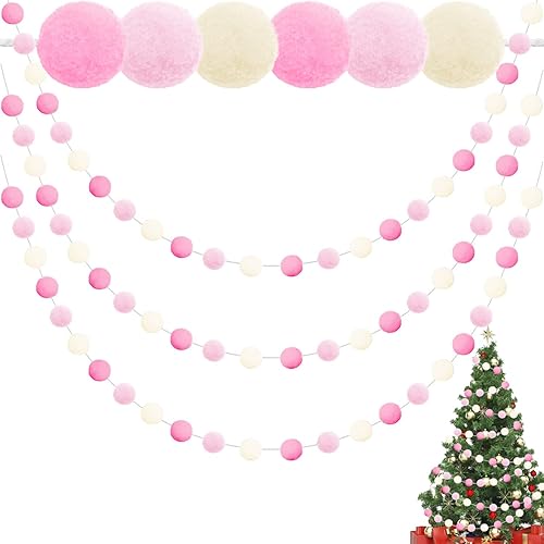 Miniatura 7 de Jishi Paquete de 3 guirnaldas de pompones de fieltro rosa, decoraciones de Navidad, bonitas cuerdas de pompones para decoración de árbol de Navidad,