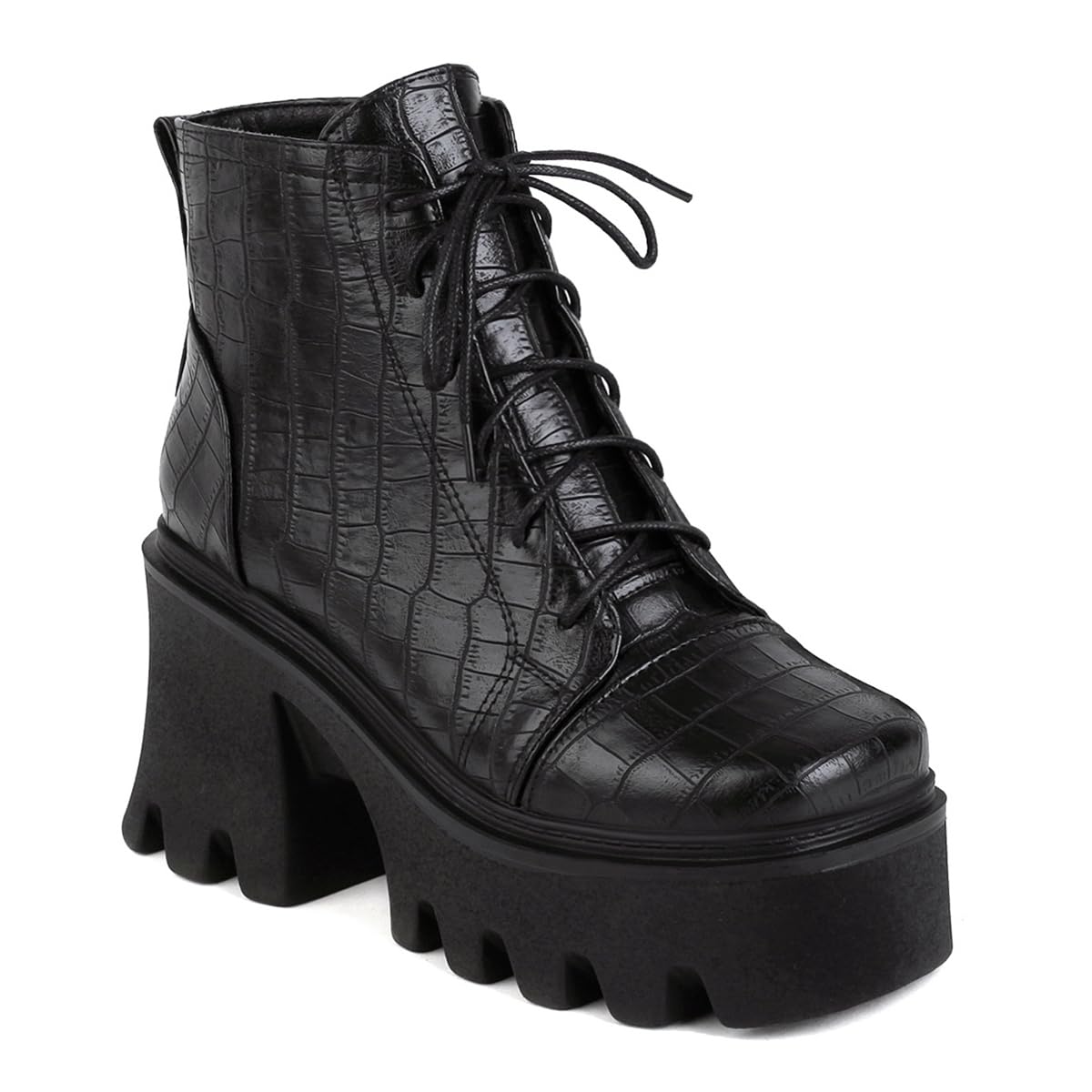 Womens Chunky Platform High Heels Ankle Boots Lace Up Square Toe Winter Fall Western Dressy Short Booties