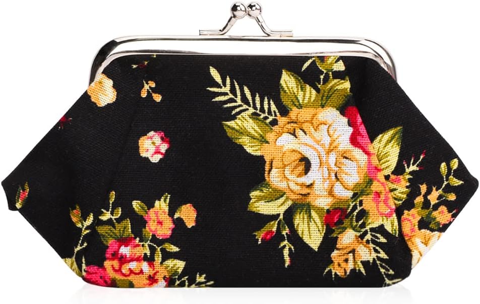 Printed Coin Purse Vintage Pouch Buckle Clutch Bag Kiss-lock Change Purse Floral Clasp Closure Wallets For Women Girl