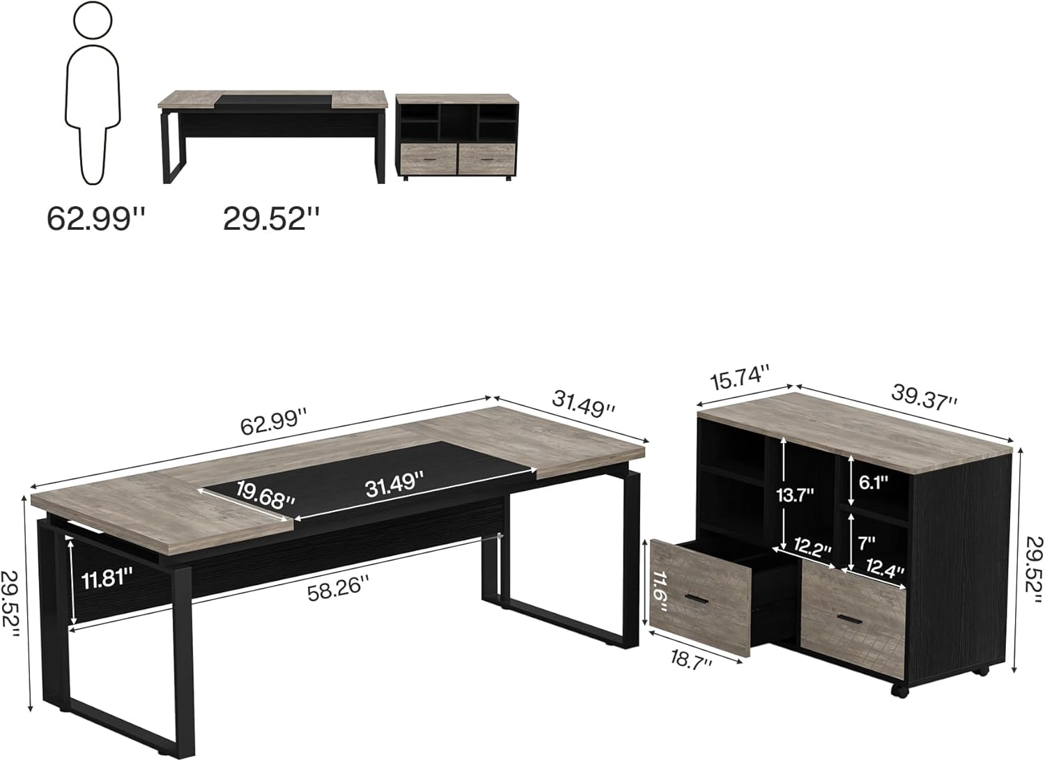 Tribesigns L-Shaped Executive Desk with Reversible File Cabinet, 63" Office Desk with Storage Drawers, L-Shaped Computer Desk with Drawer Cabinet for Hanging Letter Size Files (Gray & Black)