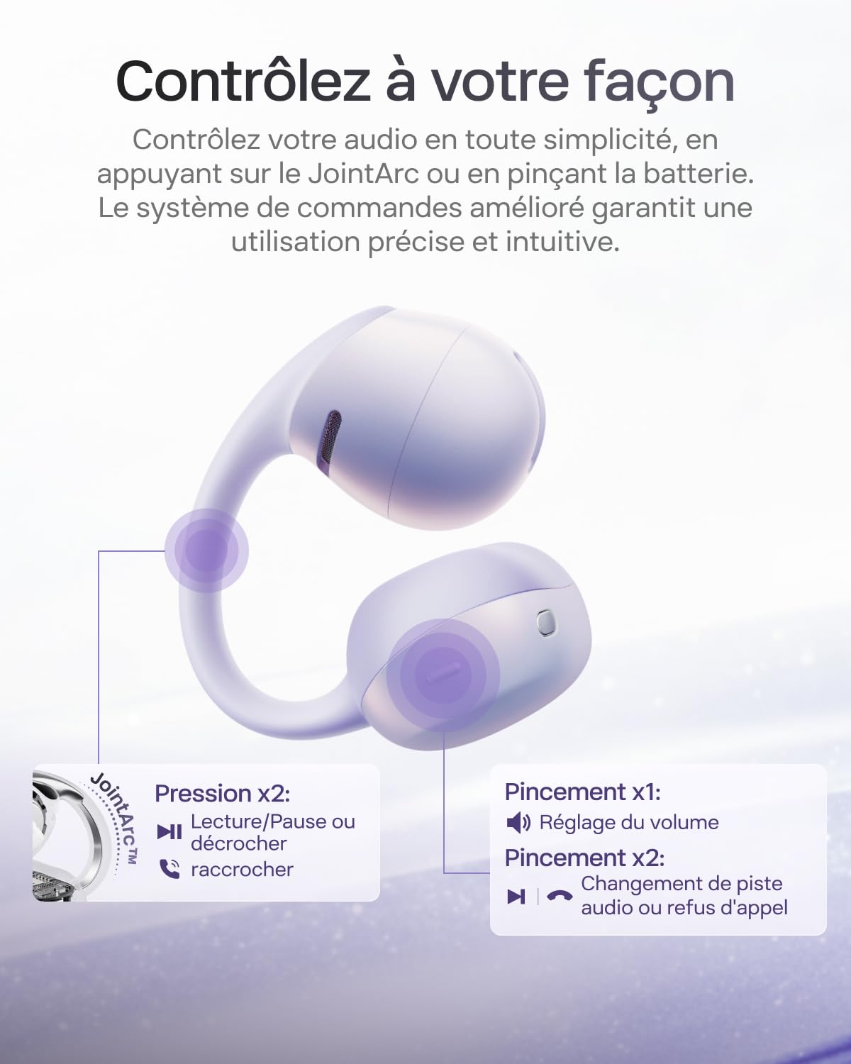 SHOKZ OpenDots Air Écouteurs sans Fil Clip-on à Oreilles Libres, 6,3 g, Maintien Sécurisé, Bluetooth 6.1, Basses Profondes, 36 h d'autonomie, Appels avec Réduction du Bruit par IA, IP55, Violet