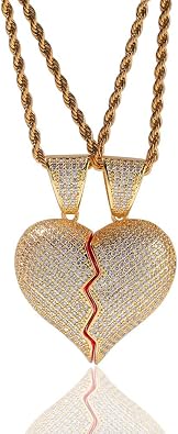 Jewelry Iced Out Two-and-a-half Heartbreak Combination Pendant 18K Gold Plated Chain Bling CZ Simulated Diamond Hip Hop Necklace for Men Women