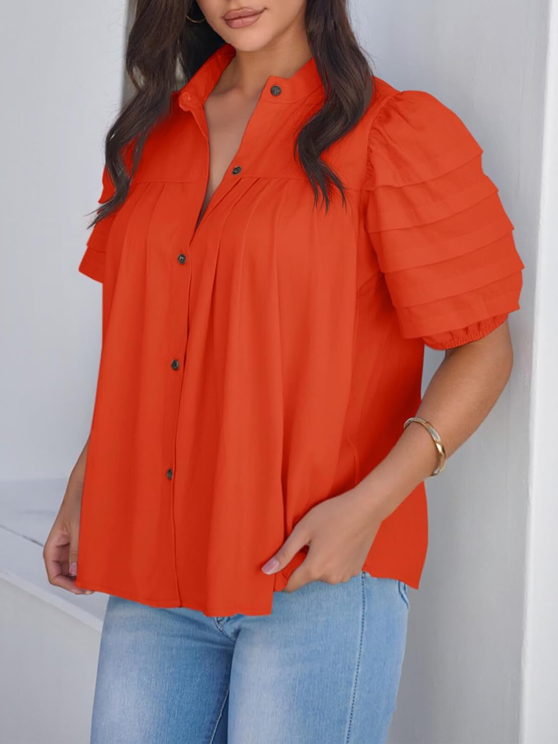 Tankaneo Womens Puff Short Sleeve Button Down Shirts Cotton Pleated Babydoll Blouses Trendy Casual Loose Fit Tops - Image 4