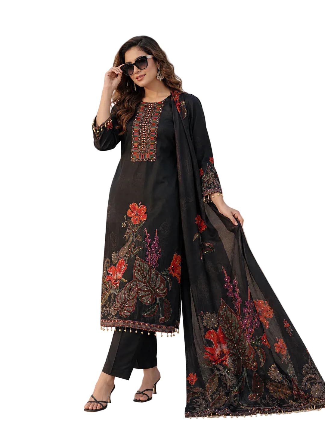 Women Pink Silk Printed & Mirror Embellished Kurta with Palazzo & Dupatta-image-40
