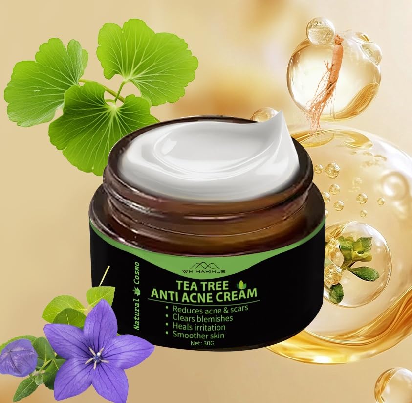 Crema antiacné de árbol de té contra granos, puntos negros e imperfecciones – Natural Cosmo Crema con extractos de hierbas naturales para piel nutrida (30 g)