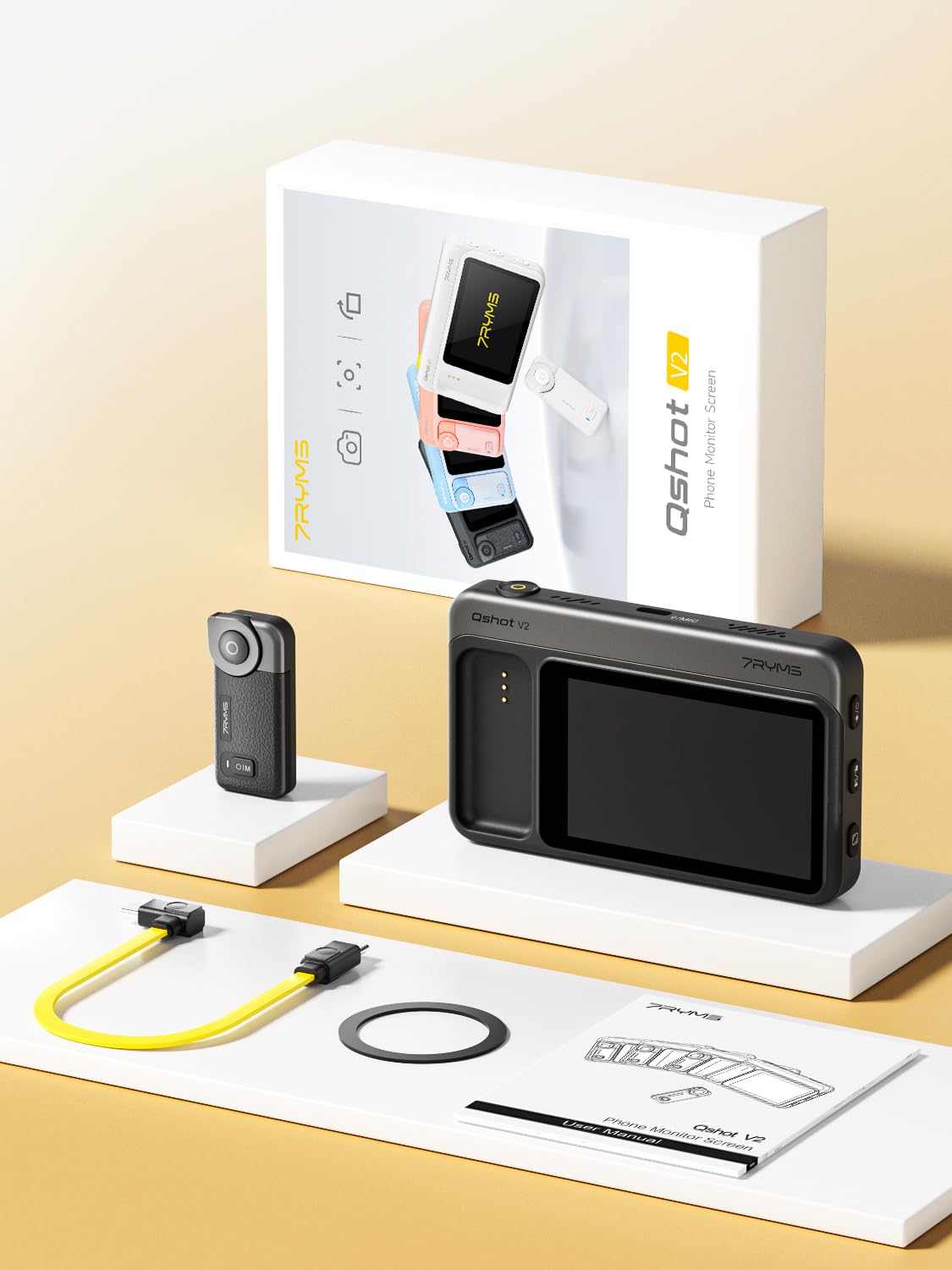 7RYMS Qshot V2 Selfie-Monitor-Bildschirm für iPhone & Android,4K 60fps magnetischer Rückkamera-Monitor mit Fernbedienung,Lautsprecher,Handy Bildschirm für Vlogging, Live-Streaming & TikTok (Schwarz)