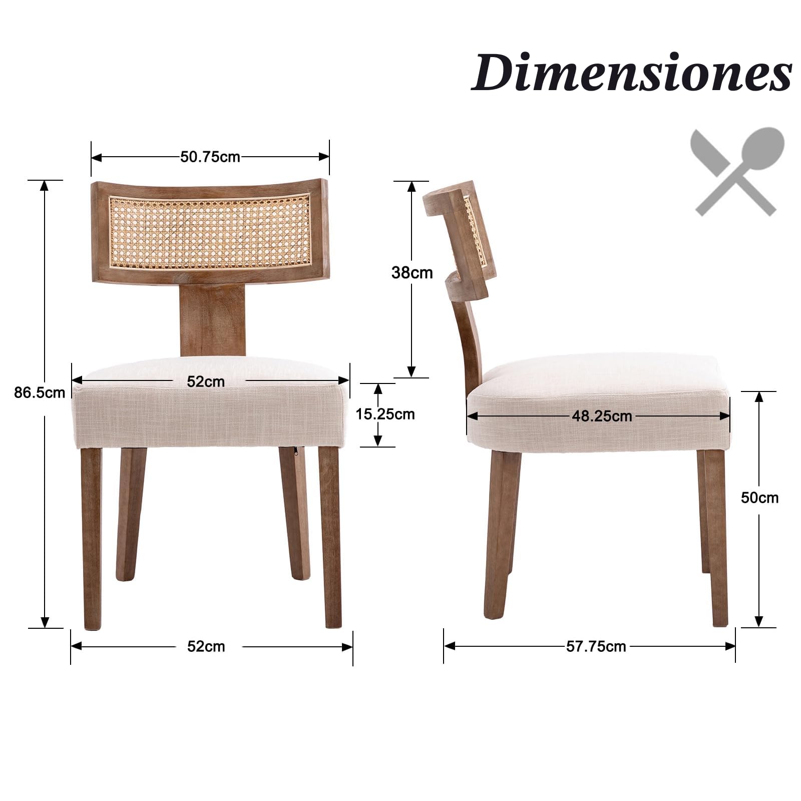 chairus 2PCS SillaS de Cocina de Madera con Asiento Acolchado, Marrón | Tejido de Lino, Patas de Madera, Respaldo de Ratán, Sillas de Mesa con Estilo Nórdico