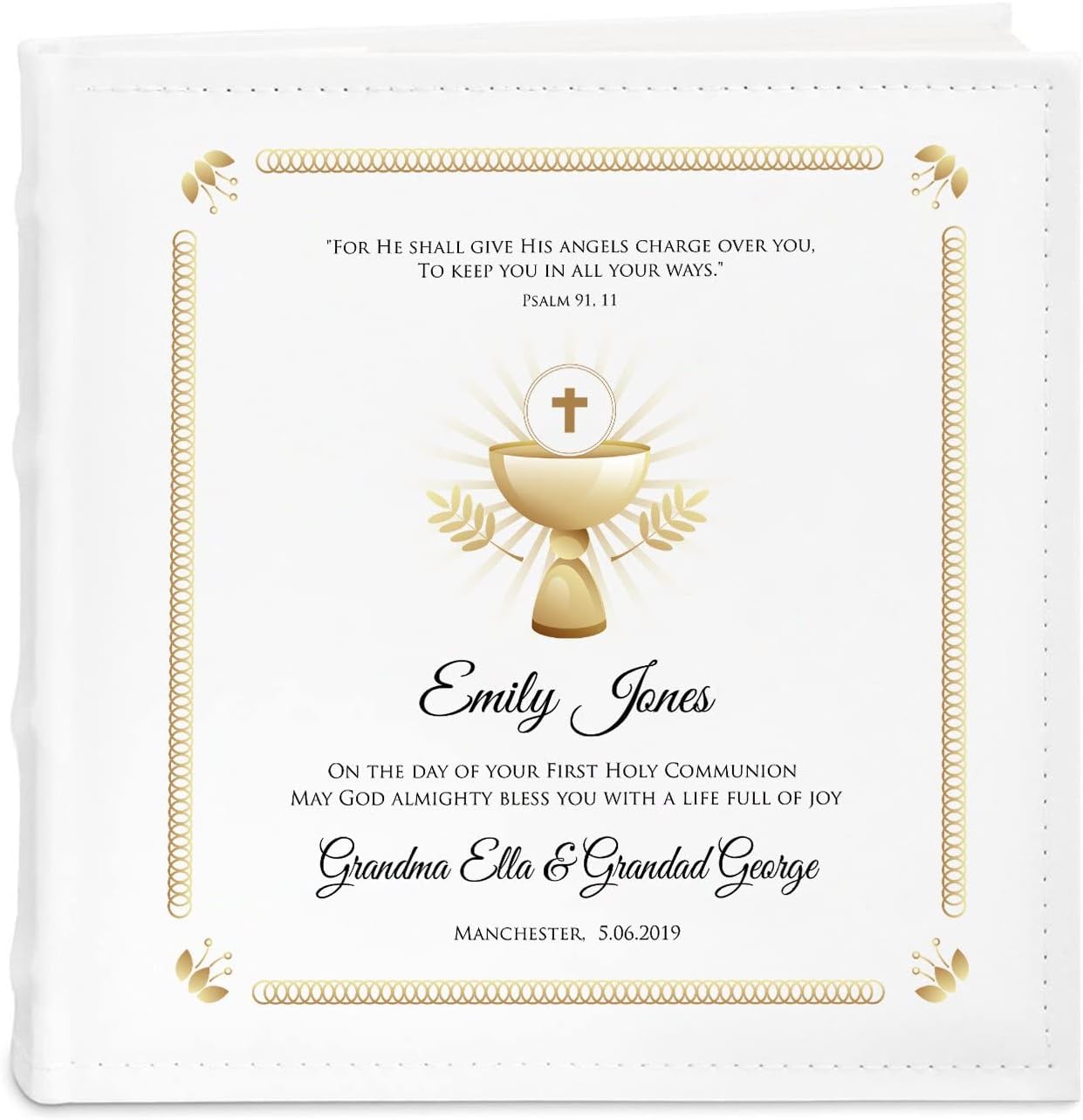 Maverton Customized Slip-In Photo Album for child - Holy Communion memento - Engravable white cover with elegant design - Up to 200 images - Personalized item for kids - psalm