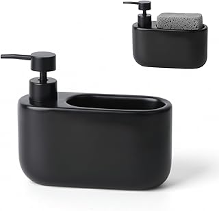 Dispensador de Jabón Cocina con Estropajero 520 ml Curve - Dosificador de Cerámica y Soporte para Esponja. Organizador de Fregadero Estrecho. 18 x 7.3 x 15 cm. - Negro Mate