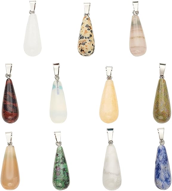 PandaHall Elite 22pcs Natural Stone Pendant Oval Long Tears Water Drop Chakra Charm Semi-Precious Gemstone Rock for Necklace Jewellery Making