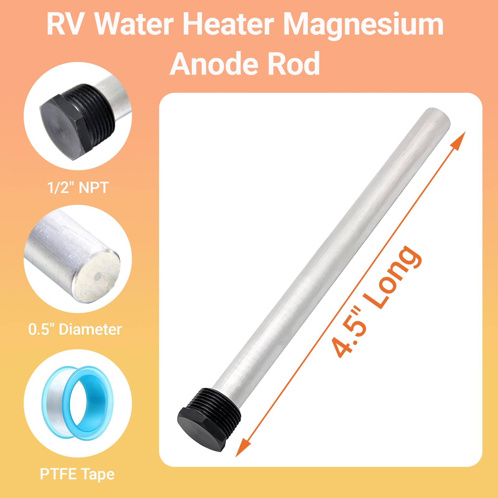 Anodo di magnesio per scaldabagno NPT da 11,4 x 1,2 cm, compatibile con modelli Atwood e Do-metic per serbatoio dell'acqua calda per camper, rimorchi, confezione da 2 con nastro PTFE