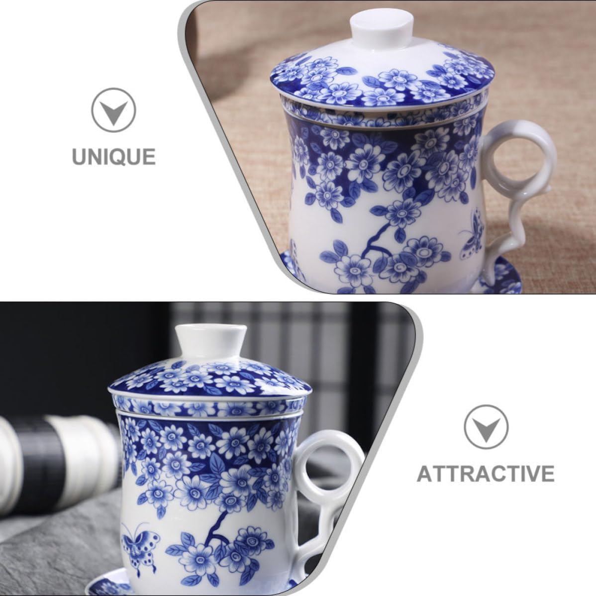 Ceramic Tea Cup Chinese Classic with Infuser and Saucer, Blue