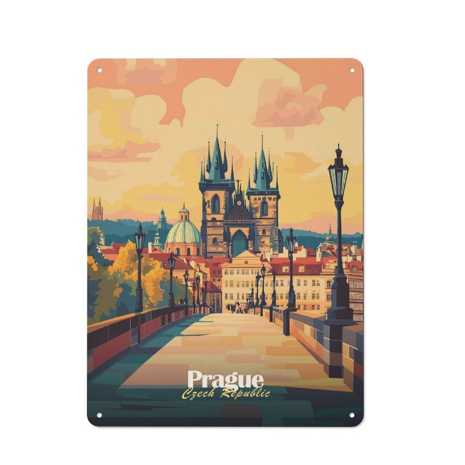 Junmoney Style-9 Creative Prague Cityscape(3) Tin Sign 40X30cm, Study Room Decor For Workspace, Cafe, Shop Or Desk Area