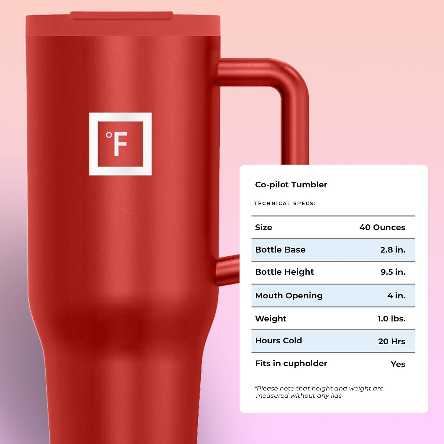 IRON °FLASK Co-Pilot Insulated Mug w/Straw & Flip Cap Lids - Cup Holder Bottle for Hot, Cold Drink - Leak-Proof- Water, Coffee Portable Travel Tumbler - Fire Red, 40 Oz - Image 9