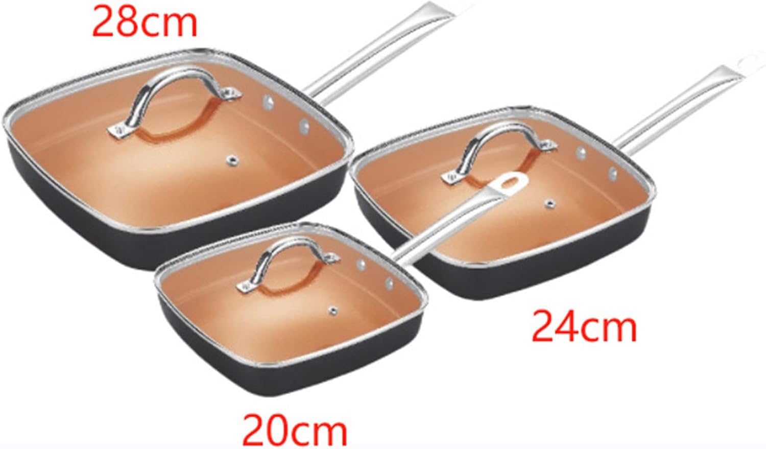 6 Piece Square Coppers Finish Aluminum Skillets Set Square Fry Pan for Efficient Heat Distribution and Easy