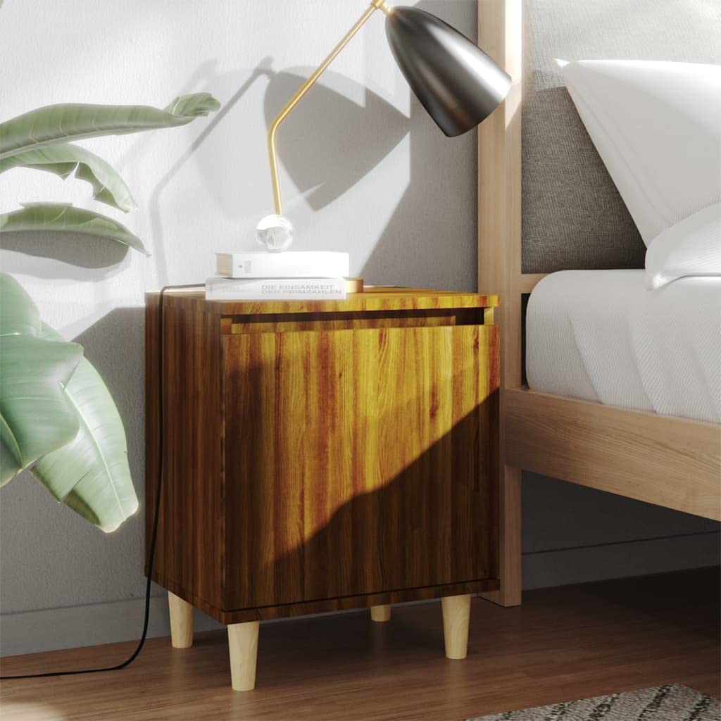 Table de chevet aspect chêne marron lot de 2 avec pieds en bois massif et rangement scandinave