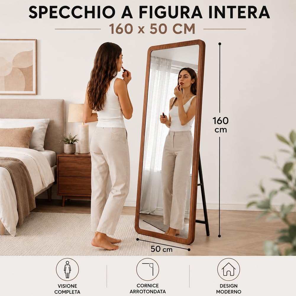 Shally Dogan Specchio Figura Intera Doppia Installazione da Parete o Indipendente, Specchi Design Moderno da Terra o da Muro, Ideale per Camera da Letto, Ingresso, 160 x 50 cm