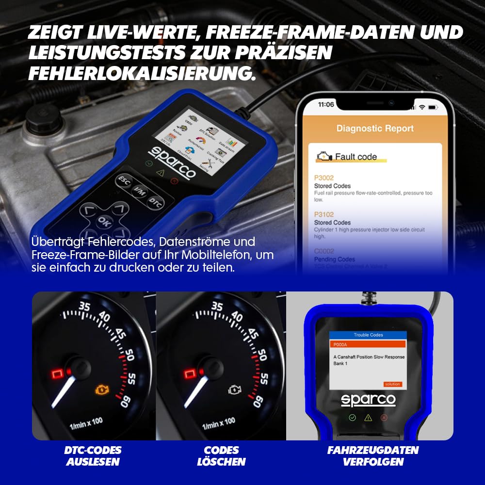 Sparco OBD2-Diagnosegerät für Fahrzeuge, Scanner, Fehlercode-Lesegerät für Motor und Getriebe mit Batterietest und I/M-Emissionsbereitschaft, mehrsprachig, für Benzinfahrzeuge