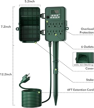 BN-LINK Outdoor Power Stake Timer, Programmable Digital Timer, 6 Outlets