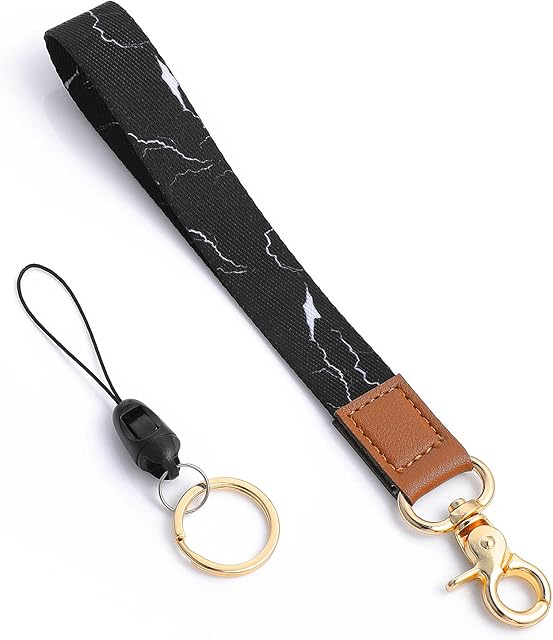 Cobee Wrist Lanyard Keychain, Marble Hand Wrist Lanyard with Swivel Lobster Clasp + Mini Lanyard with Metal Keyring, Leather Wristband Key Chain for Car Keys ID Badges Card (Black with White Texture)