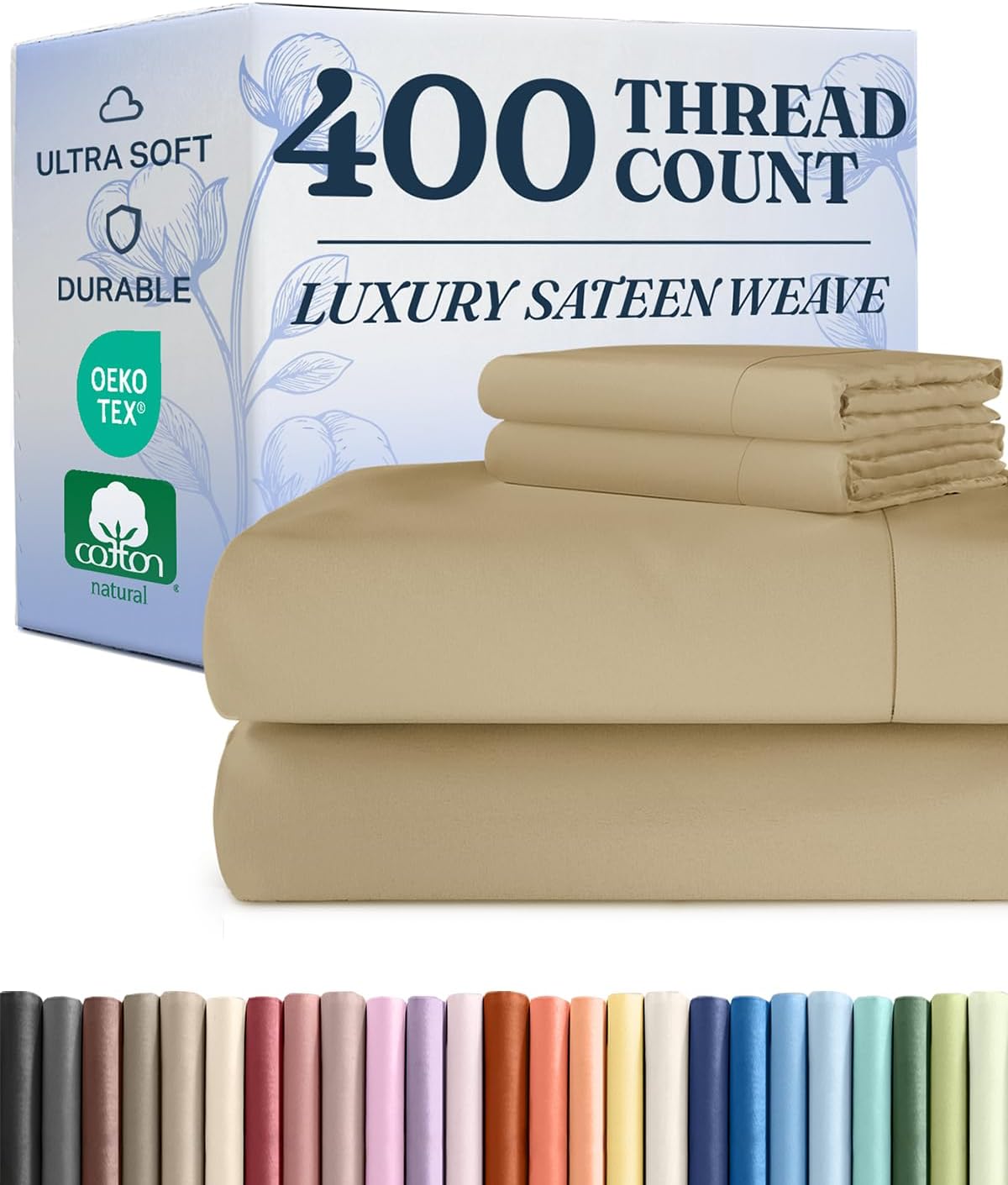 CGK Unlimited 400 Thread Count Cotton Bed Sheet Set - 100% Cotton Sheets - Sateen Cotton - Fits 8" to 16" Mattress - Silky-Soft, Hotel Quality Bedding Linens, Queen, Beige