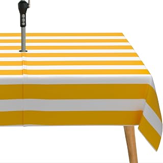 Orange Strip Print Outdoor Tablecloth with Umbrella Hole for Rectangle Table, Waterproof Orange Patio Table Cloth with Zipper - 60 x 120 inches