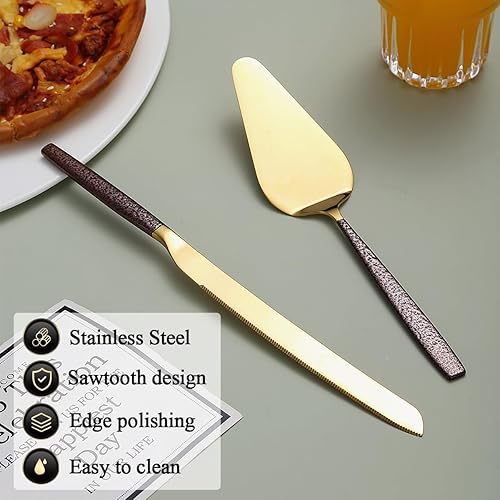 Miniatura 4 de Evanda Juego de cuchillos y servidores para tartas de boda, mango marrón y cabeza dorada brillante para pastel de tartas para todos los días, bodas