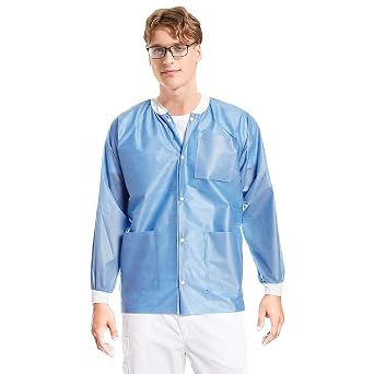 3630CBL Extra-Safe, Wrinkle-Free, Noble Looking Disposable SMS Hip Length Jacket, Ceil Blue, L, Pack of 10