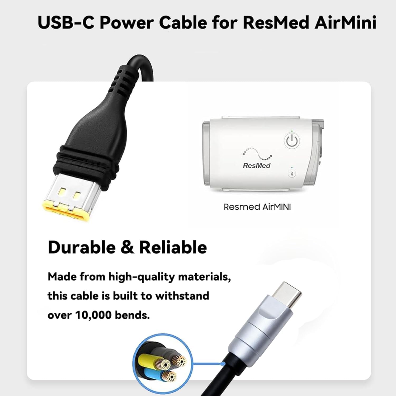 Jeasun USB-C Power Cord for Resmed AirMini | PD Boost Cable (20V → 24V) - Works with Power Banks, Car Chargers & AirMini Battery Pack | Travel & Cam