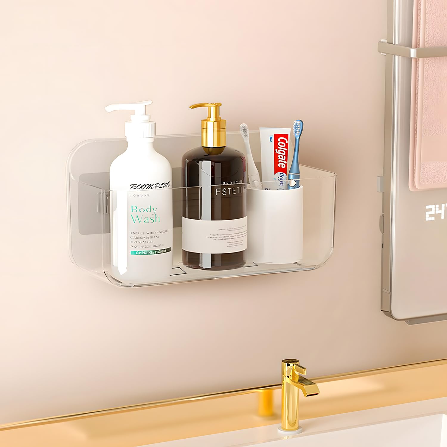 Diesisa Plastic Wall Mount Organizer, Self Adhesive Organizer for Wall, Cabinet Door Organizer, Adhesive Shelf with Self Adhesive Tape, for Bathroom, Kitchen, Inside of Cabinet Door