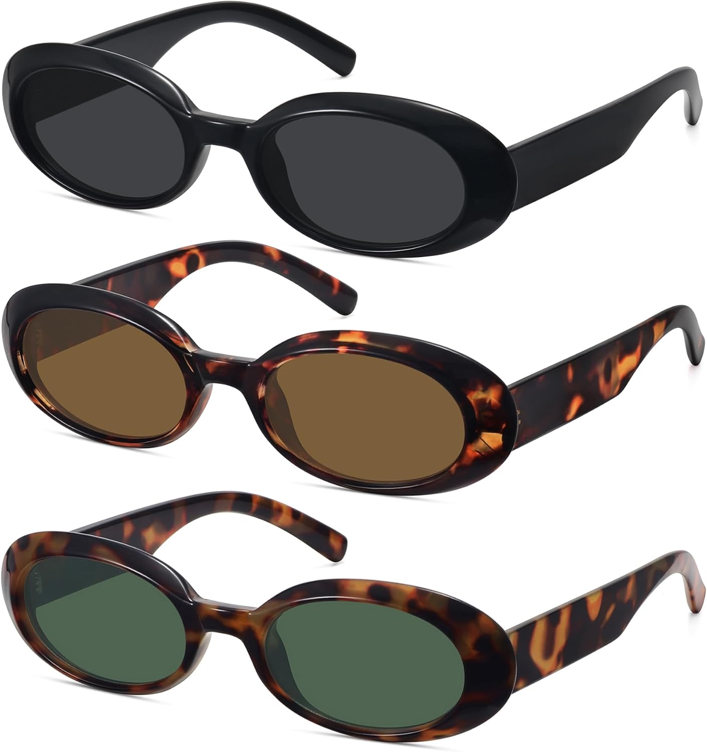 WOWSUN Retro Oval Sunglasses for Women Trendy 90s Vintage Small Face Shades Sun Glasses UV Protection 4pack-black+tortoise Brown+tortoise Green 53 Millimeters