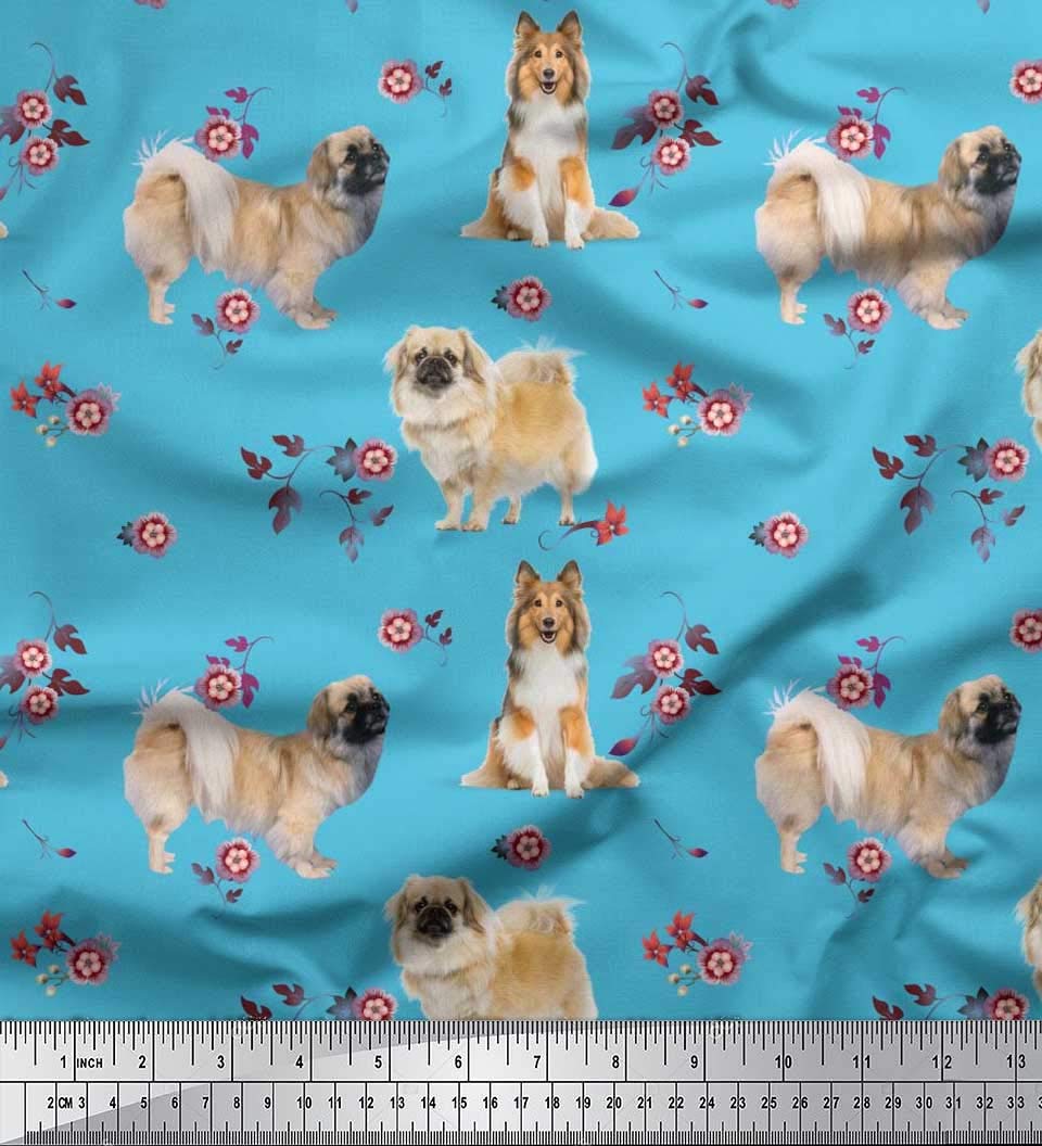 Soimoi Cotton Cambric Fabric Floral,Sheltie & Pekingese Dog Printed Craft Fabric by The Yard 42 Inch Wide