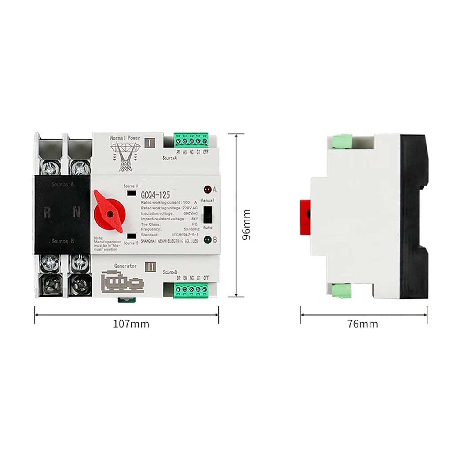 Single Phase Din Rail ATS 220V PC Dual Power Transfer Switch 2P 100A